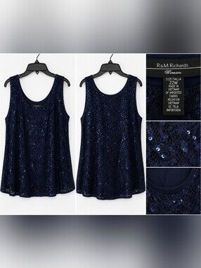 NWT R&M Richards Women 22W Navy Sequin Lace Tank Top Plus Size Evening Blouse.